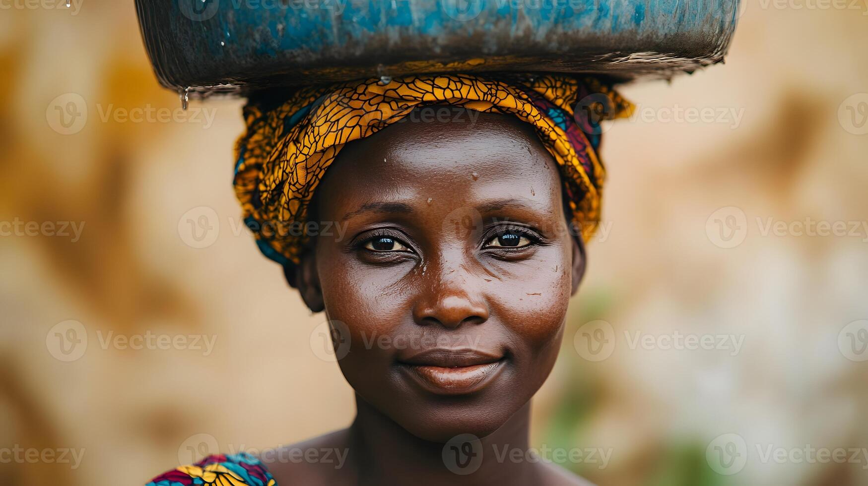 Portrait of an African woman carrying a container of water on her head. Representation of the efforts of African communities to obtain resources. photo