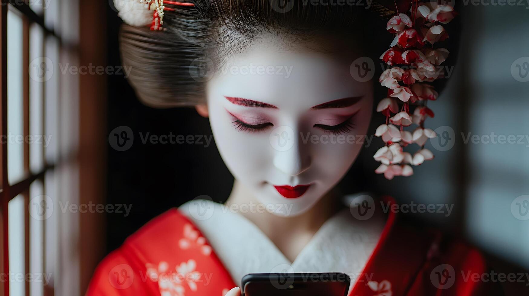 Portrait of a young Japanese geisha using a mobile phone. Representation of the adaptation of technology to the most traditional in Japan. photo
