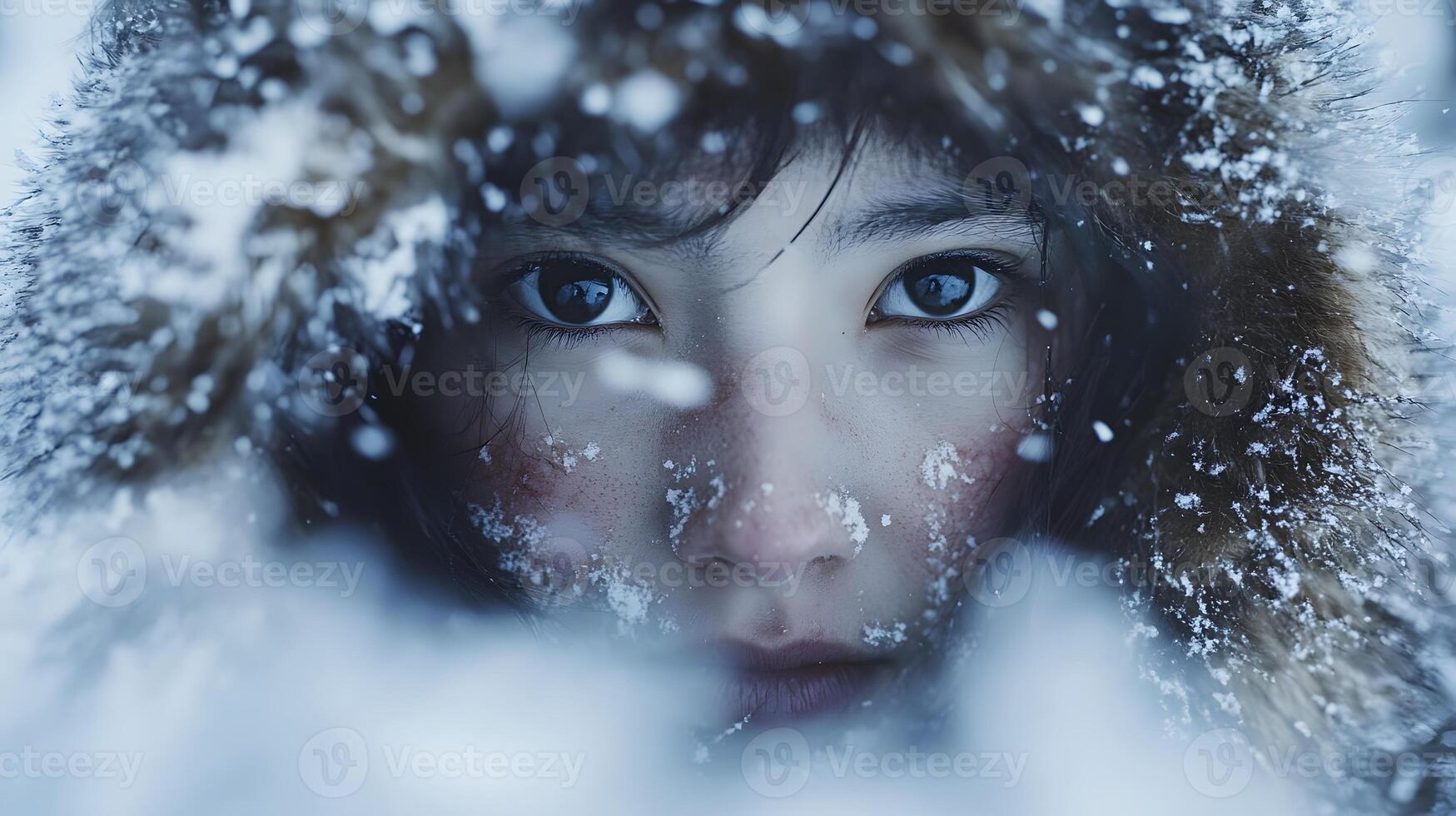Portrait of an Eskimo or Inuit woman covering himself from the cold of the Arctic winter. Representation of the resilience and perseverance of these tribes. photo