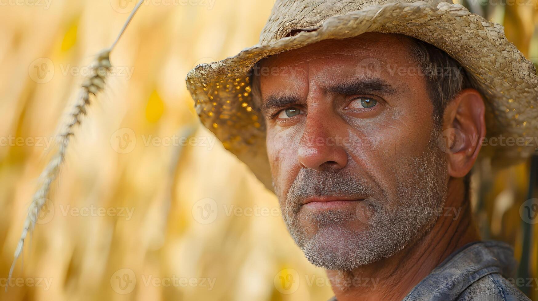 Portrait of an American farmer with a hat in front of his wheat field. photo
