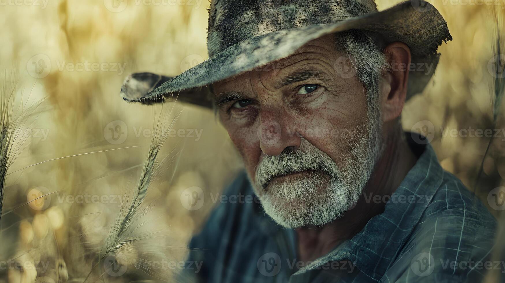Portrait of an American farmer with a hat in front of his wheat field. photo