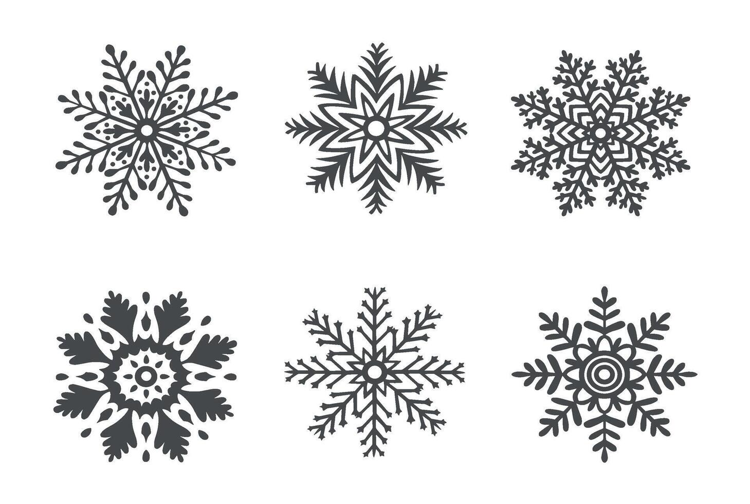 Set of snowflakes icon. Vectors graphic illustrations for Christmas and New Year festive design. Ice stars for winter holiday background. Isolated clipart for card, web page, print, showcase, wrapping