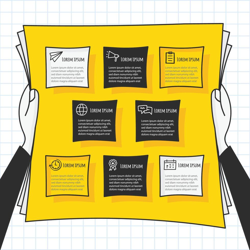 Brightly colored poster showcasing various informational cards in a creative layout with illustrative elements vector