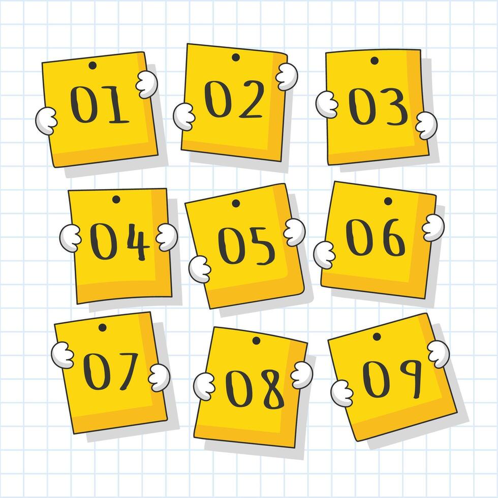 Colorful yellow notes with numbers arranged in a grid on a notebook background for organization and planning vector