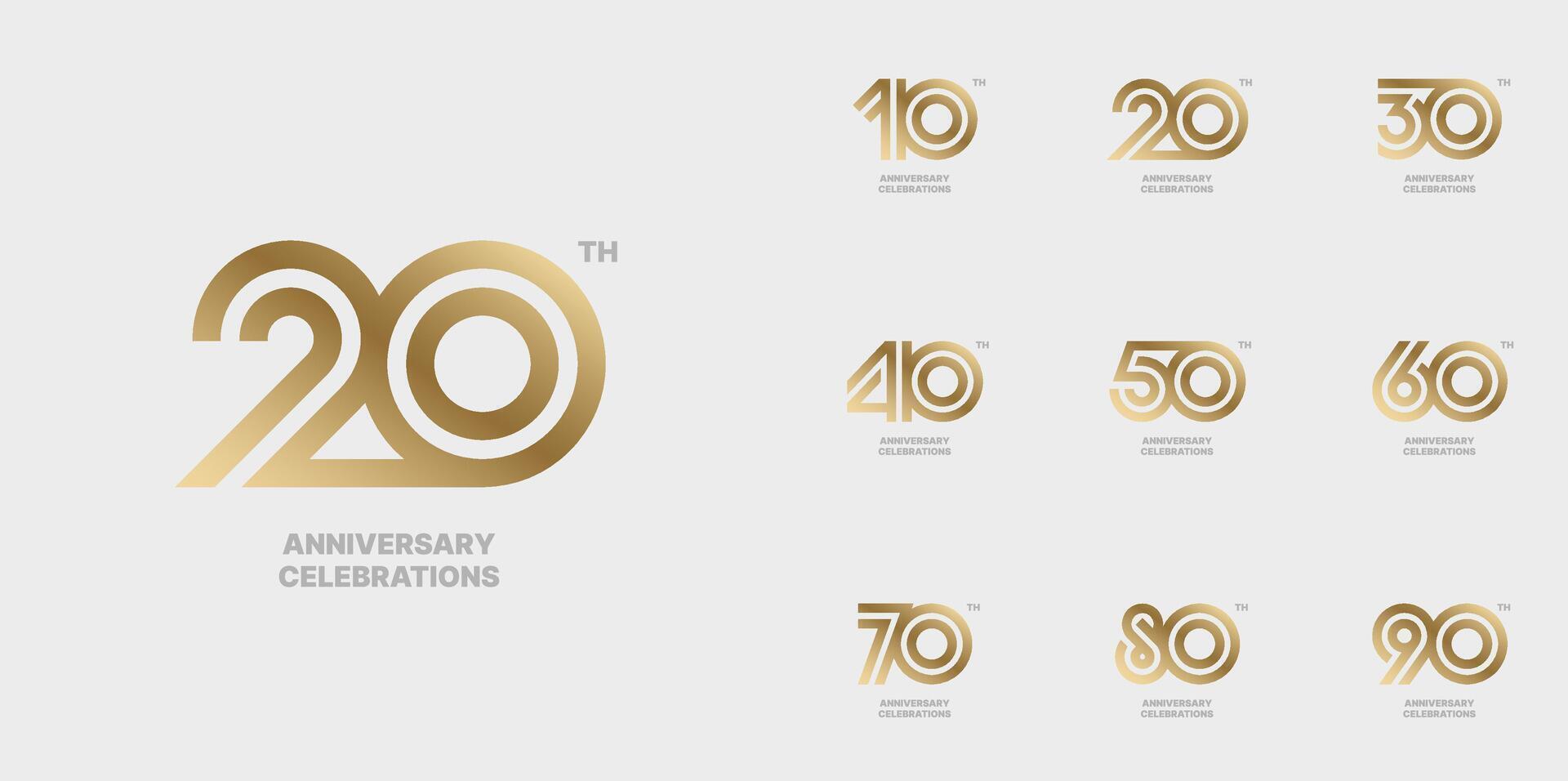 Set of anniversary logo design. Symbols of celebration 10, 20, 30, 40, 50, 60, 70, 80, 90 years. vector