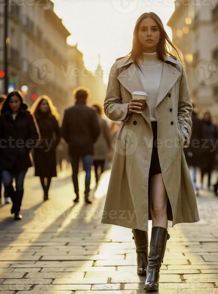 Confident woman walking through the city at sunset photo