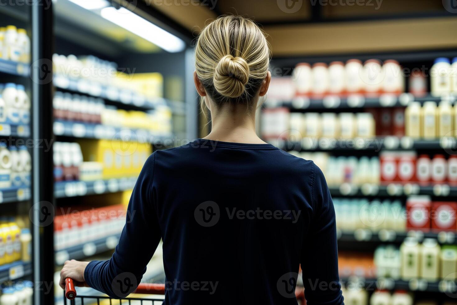 Woman shopping in a supermarket aisle photo