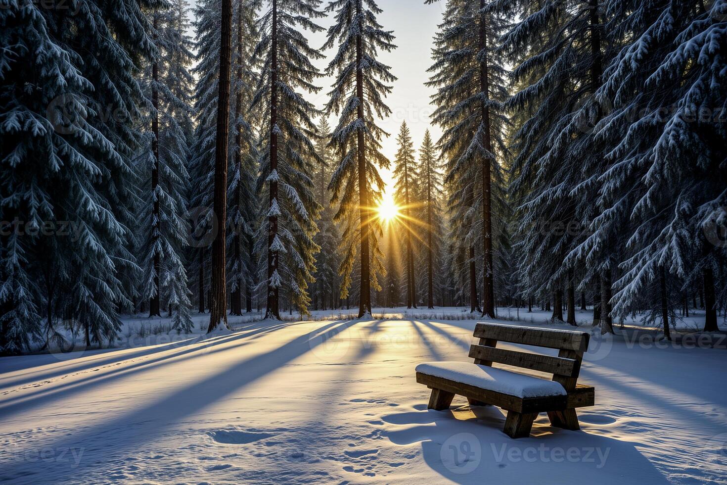Snow-covered bench in a serene winter forest at sunrise photo