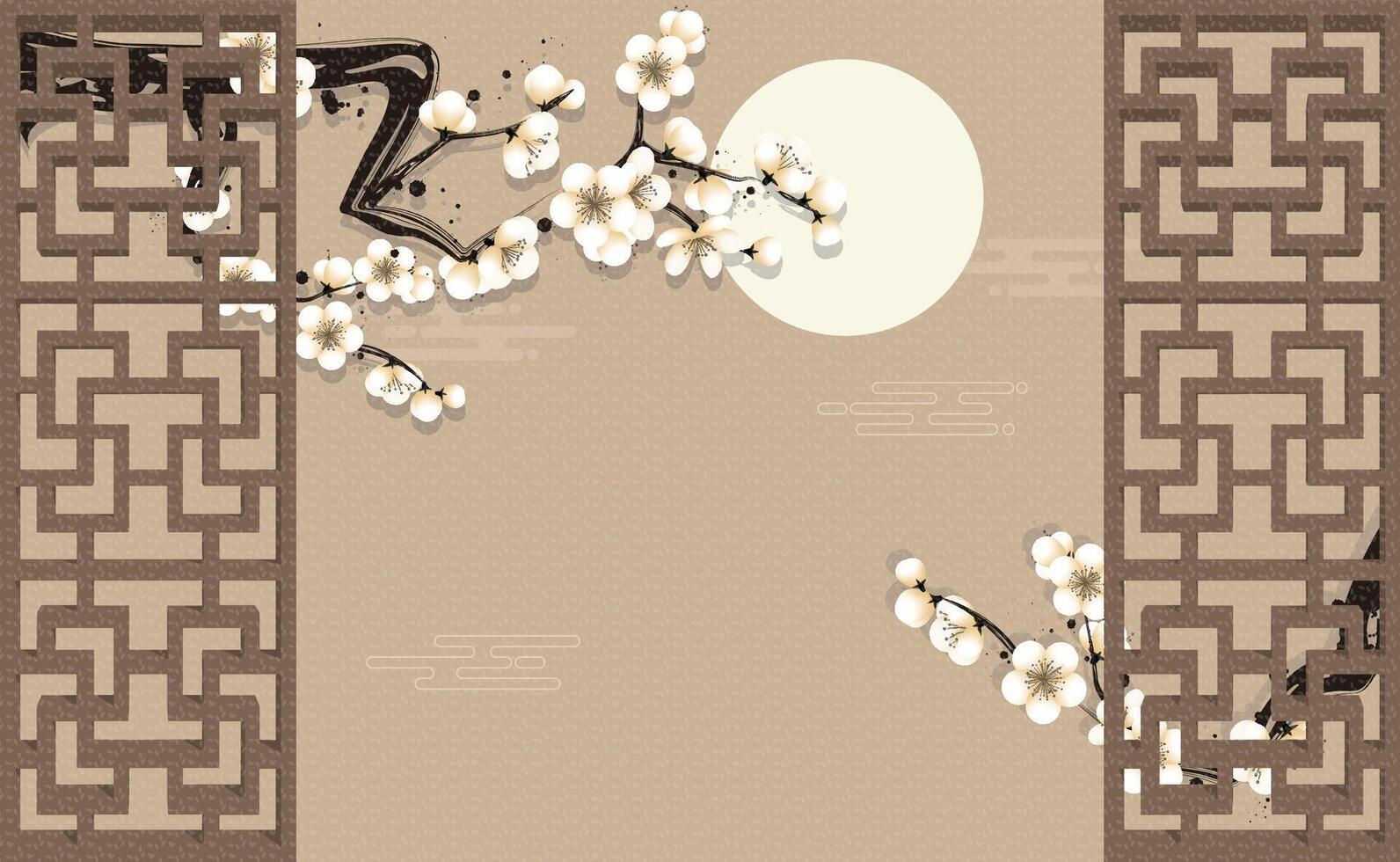 Chinese style window lattice border and white plum blossom background vector