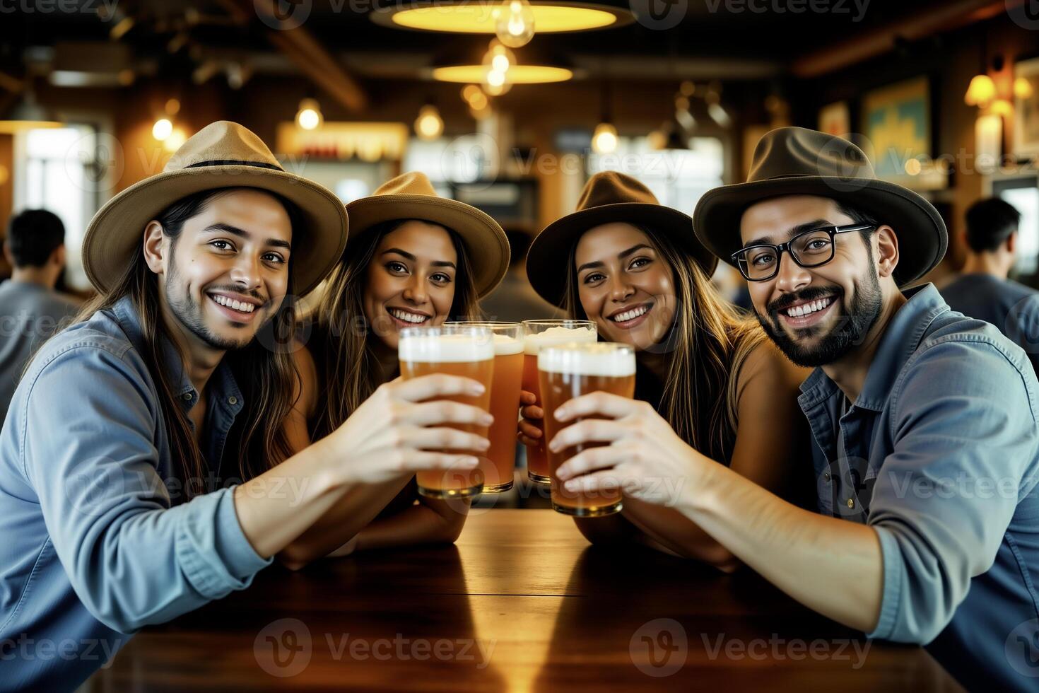 Friends toasting with beer in a cozy pub photo
