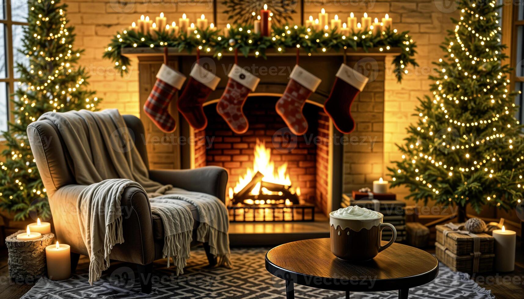 Cozy Christmas living room with fireplace and holiday decor photo