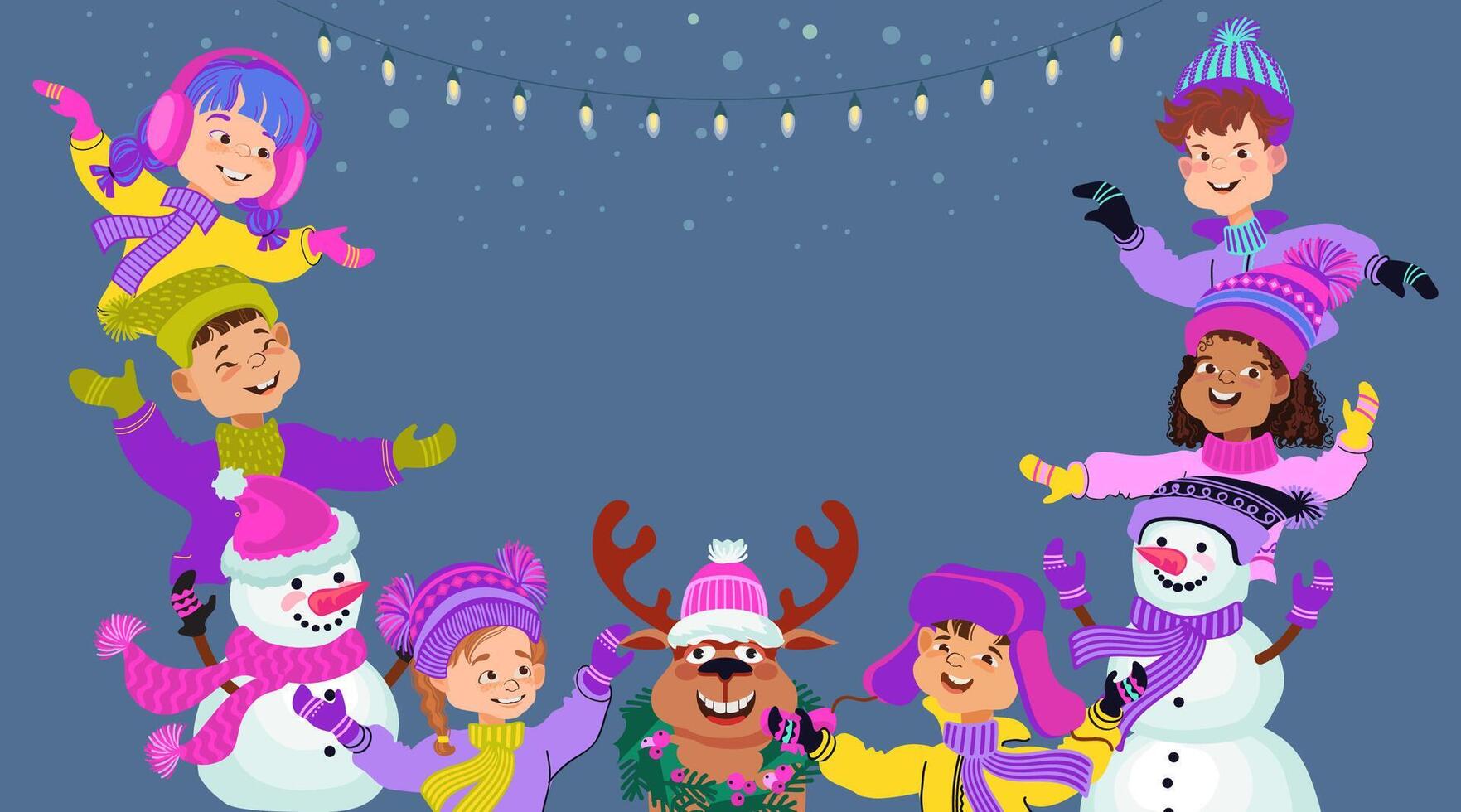 Happy Holiday. Cute Multiethnic children, snowmen, deer. Flat illustration. vector