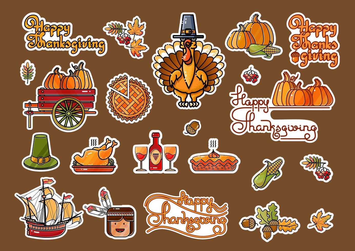 Happy Thanksgiving stickers. Cute cartoon turkey, pie, pumpkin, Pilgrim hat, harvest symbols, Indian, sailing ship, rowan, maple, acorn, handwritten words Happy Thanksgiving. Flat illustration. vector