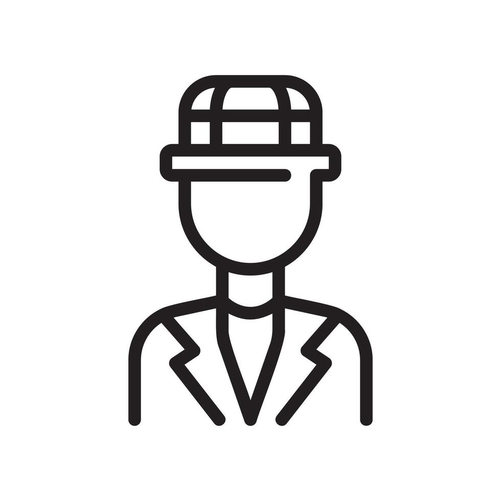 A man in a hat and suit is shown in a line icon vector