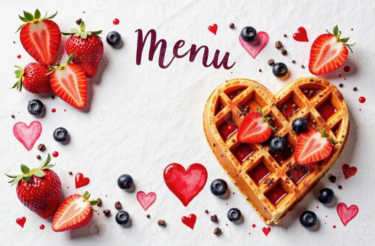 Top-down view of a banner with wrinkled white paper with hearts, heart-shaped waffles, strawberries, blueberries, and chocolate crumbs on the edges with written menu word photo