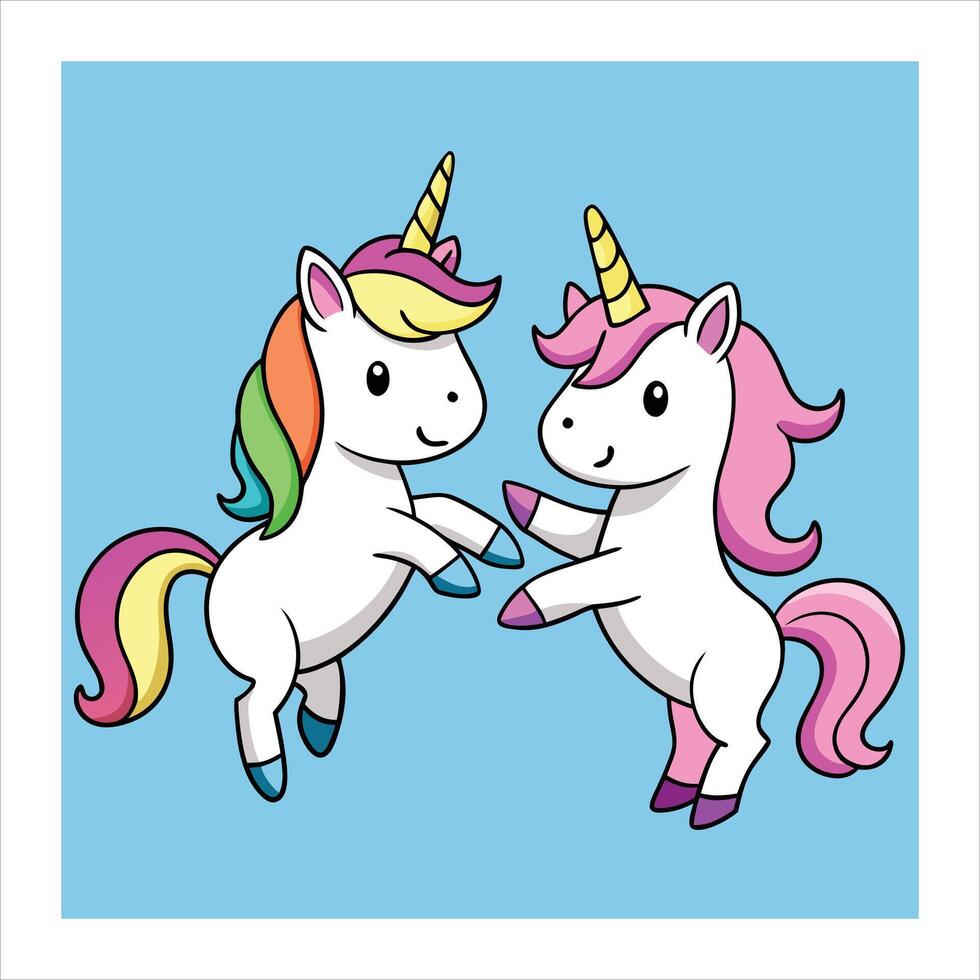 Two unicorns are dancing together on a blue background vector
