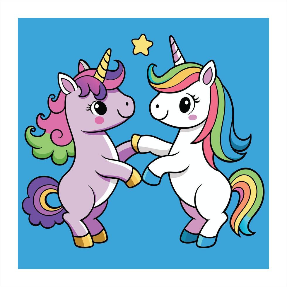 Two unicorns are dancing together on a blue background vector