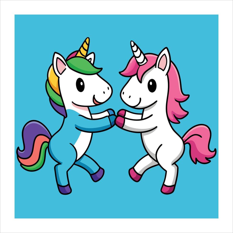 Two unicorns are dancing together on a blue background vector