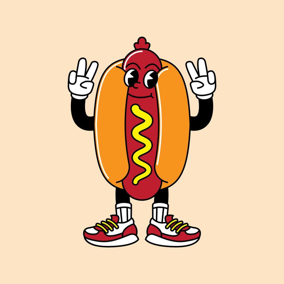 Hotdog retro mascot with hand and foot. Hotdog, sausage, and Fast Food Retro vintage mascot cartoon stickers with funny comic characters and gloved hands. vector