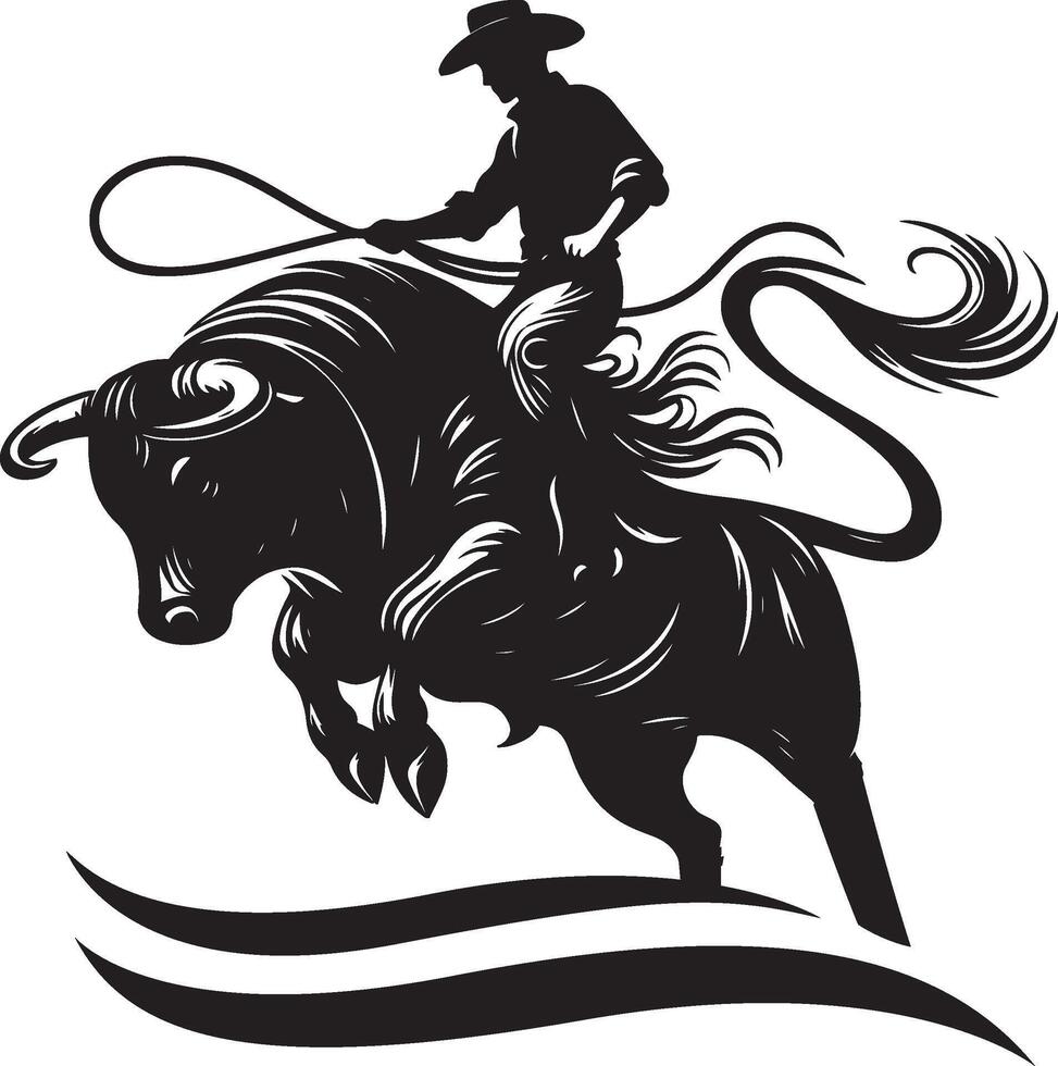 A black and white silhouette of a cowboy riding a bull vector