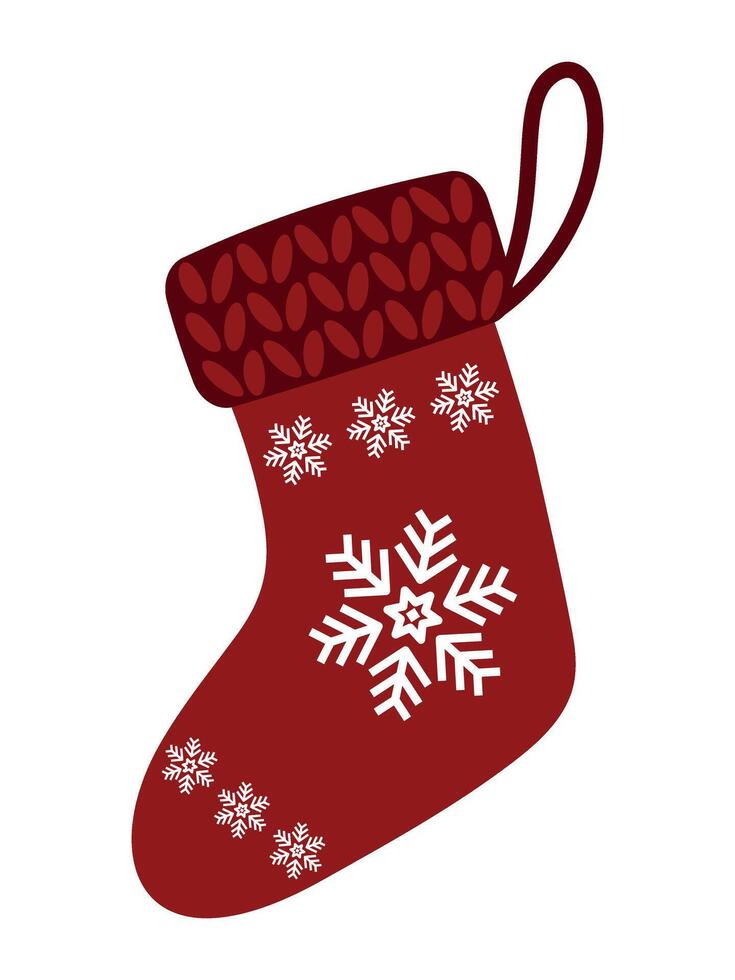Red sock with white snowflakes. Christmas sock for gifts to hang on the fireplace. St Nicholas sock. Decorative element for Christmas design. vector