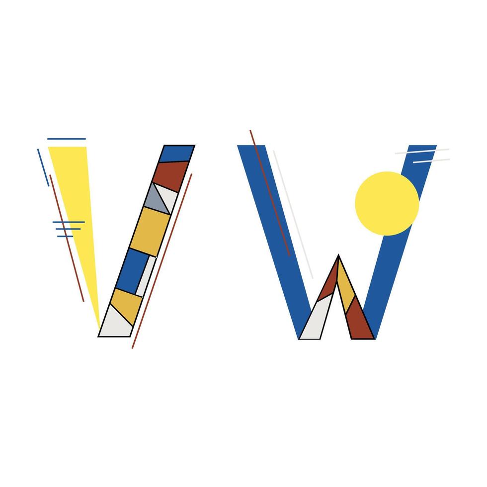 Alphabet letters VW in Kandinsky style for your design, Color combination classic triad. vector