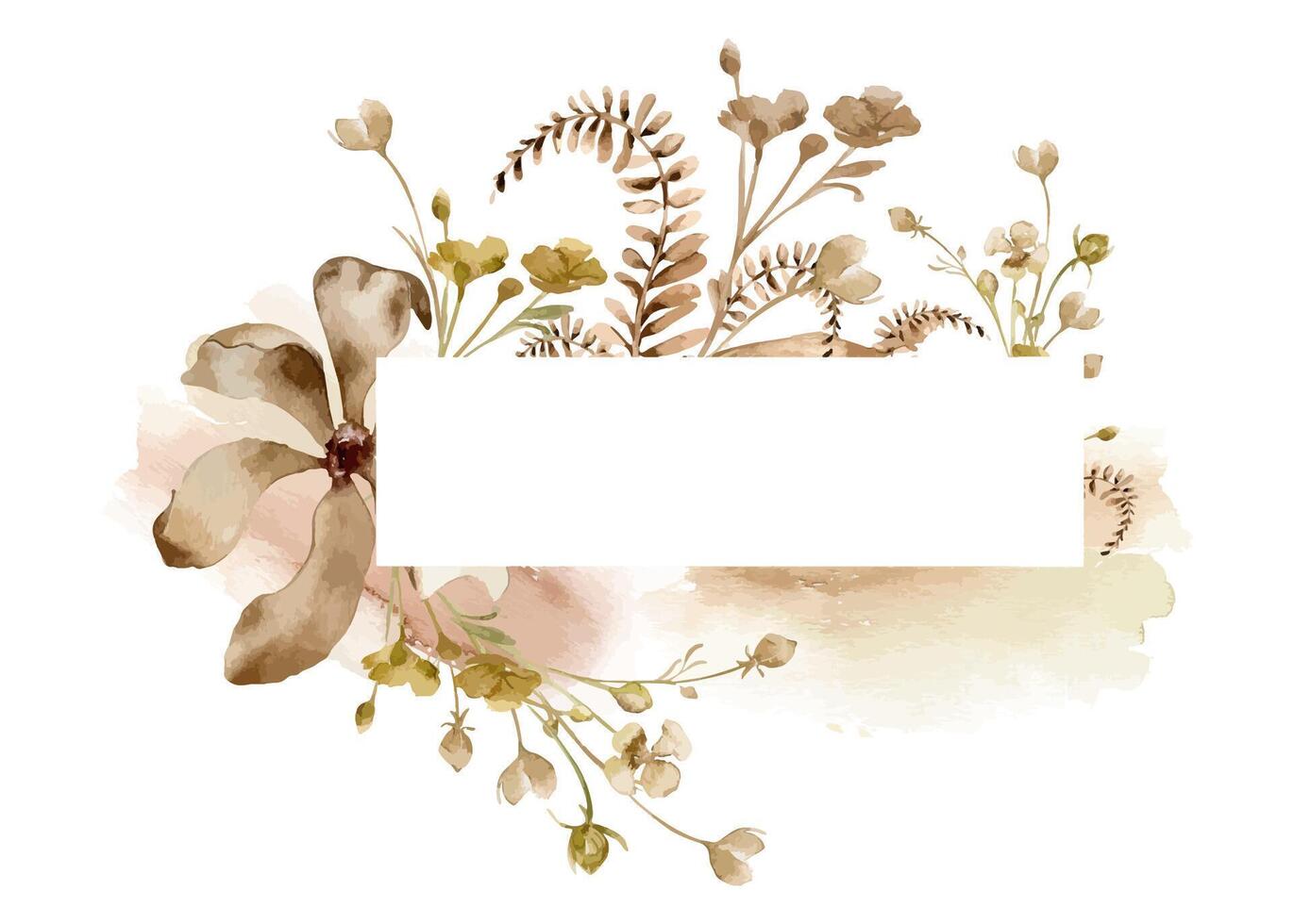 Neutral dry flowers on watercolor splash isolated on white. Monochrome foliage frame in watercolor brown color. Abstract plants in sepia. Wild herbs hand drawn. Design of branding, package, wedding vector