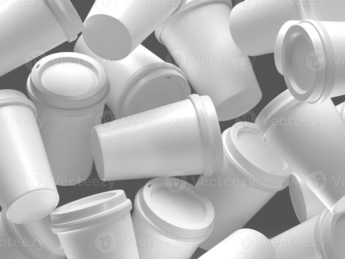 Group of White Blank Coffee Cups Chaos View photo