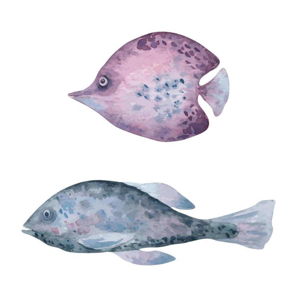 Monochrome dusty pink fishes in soft ruby and indigo tones watercolor illustration isolated. Marine life animals of abstract forms in set. Underwater ocean creatures hand drawn for nautical design vector