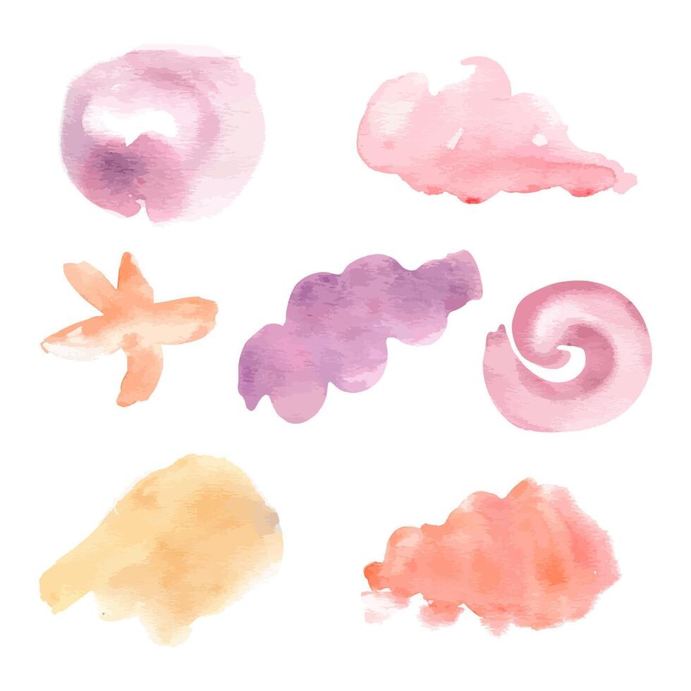 Abstract sea elements set of shells, starfish, and pebbles illustrations. Pink monochrome set with marine watercolor spots and bubbles hand drawn. Mix of pinks, purples vector