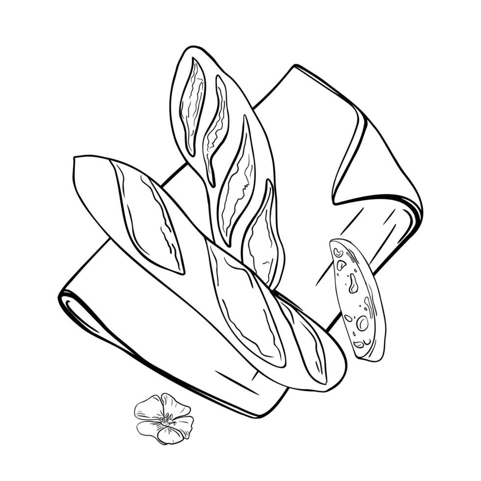 Rustic rye loaf on napkin black white illustration isolated. Hand drawn baguette and piece of bread, flax flower in contour line art. Artisan wheat bread for design culinary, bakery packaging. vector