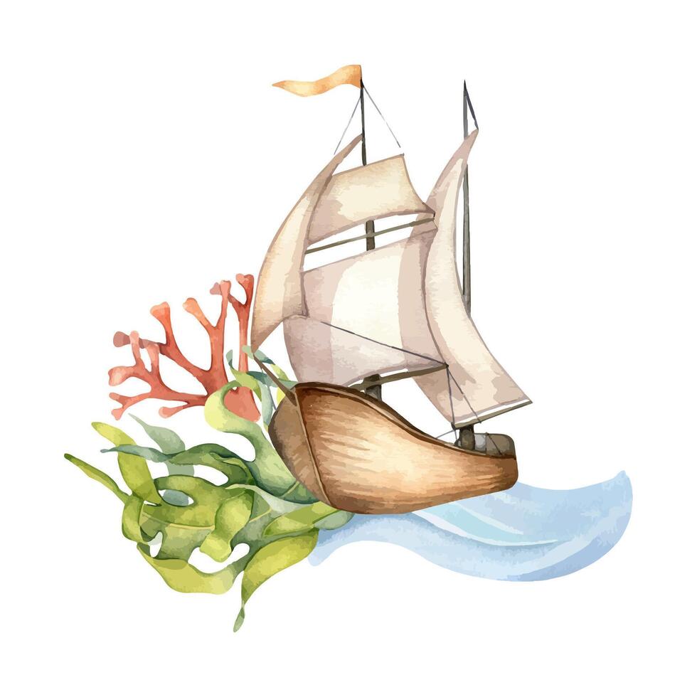 Sailing ship with flowing sails surrounded by red and green seaweed and coral in watercolor. Sailboat on ocean wave for children illustration. Nautical and natural elements in design hand drawn vector