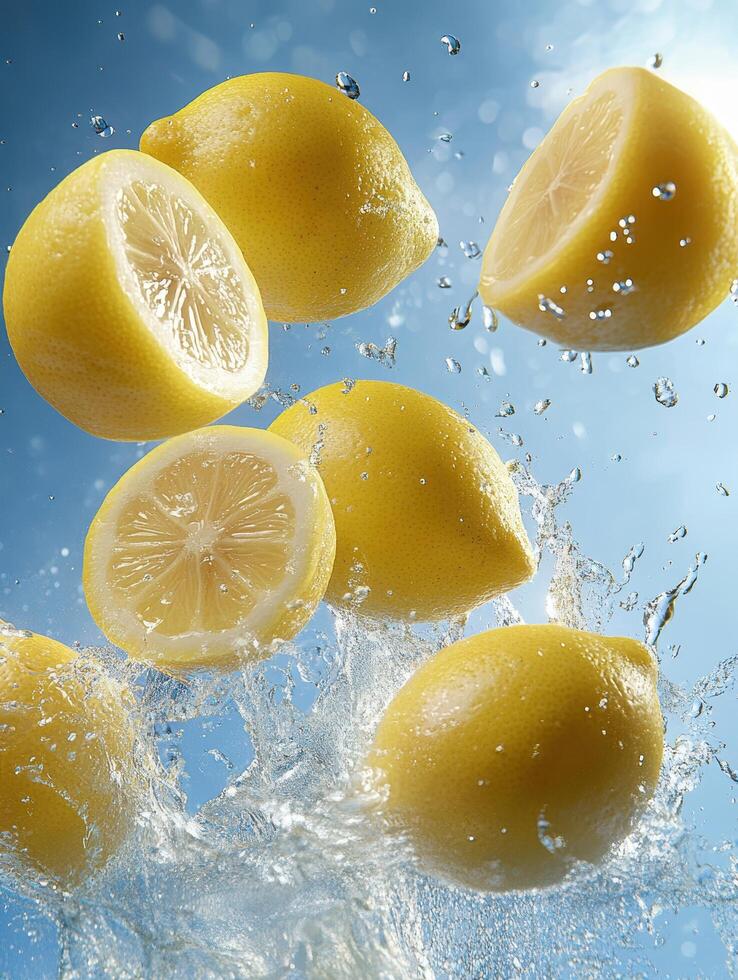 Fresh Lemons Splashing Into Clear Water with Bright Blue Background Capturing the Essence of Refreshing Citrus Fruits in Dynamic Motion photo