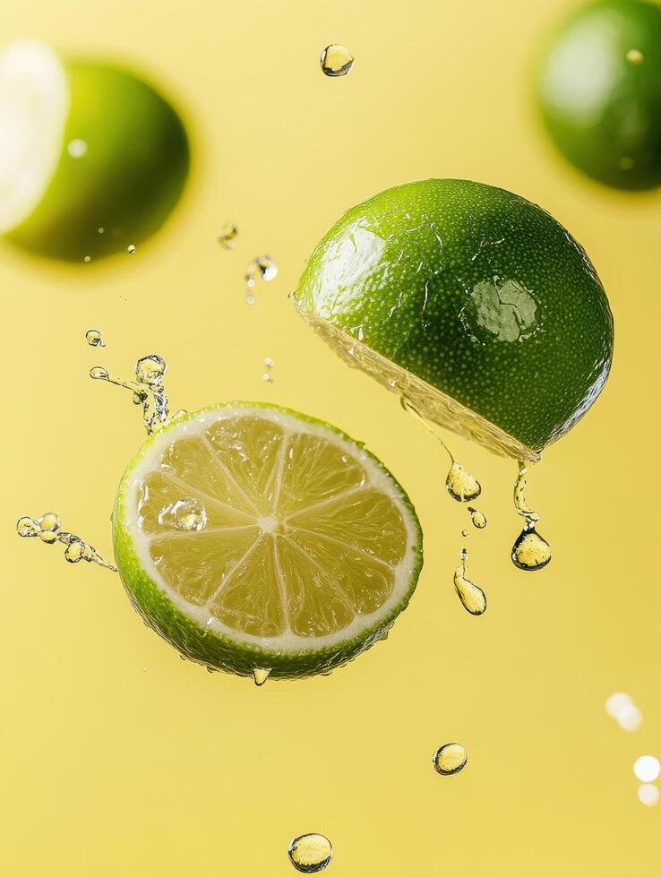 Fresh Lime Slices Splashing in Water Against a Yellow Background, Capturing the Essence of Citrus in Stunning High Definition for Culinary and Beverage Themes photo