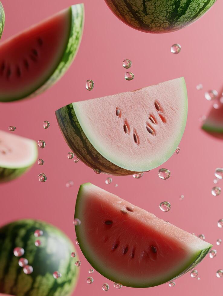 Fresh Watermelon Slices and Whole Fruits Floating in Air Against a Soft Pink Background with Water Droplets Creating a Refreshing Summer Vibe photo