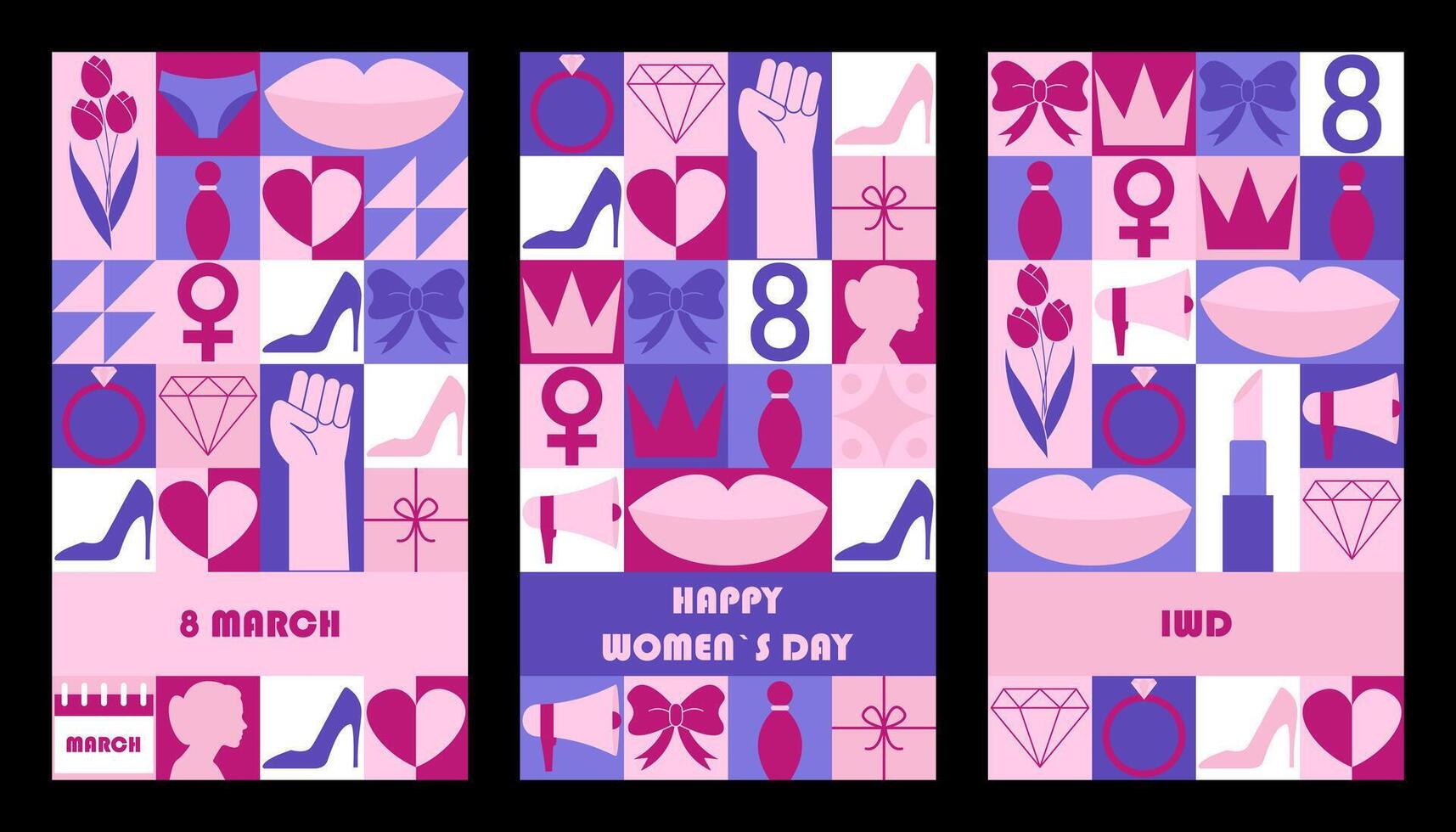 Set of Womens Day greeting cards. Modern abstract geometric design. Template for card, invitation, poster. illustration vector