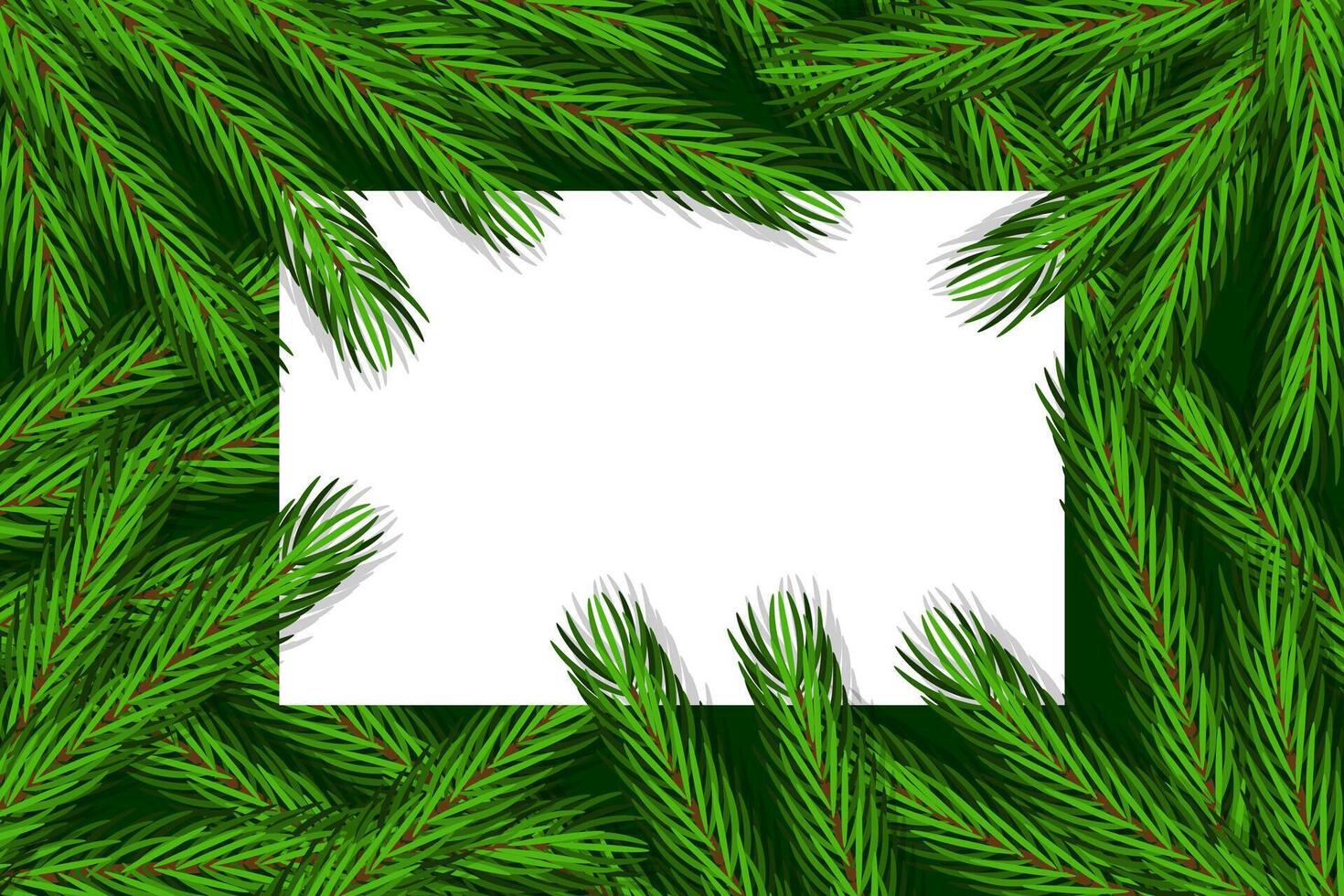 Festive Christmas frame made of fir branches. Space for text on white sheet. Invitation or greeting card template. illustration vector