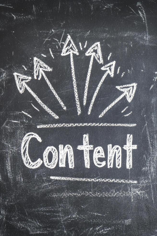 Arrows pointing to the word Content. Blackboard background with white chalk drawing arrows and text. photo