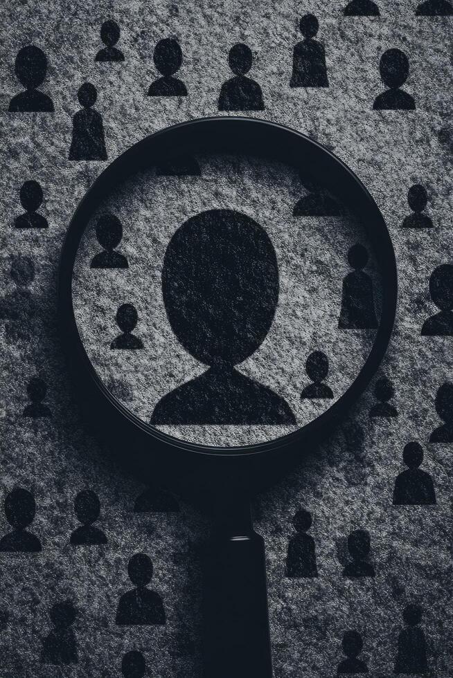 Magnified human icon silhouette under a magnifying glass on a black background with the shadow of many people icons, suggesting a hunting or employee selection concept. photo