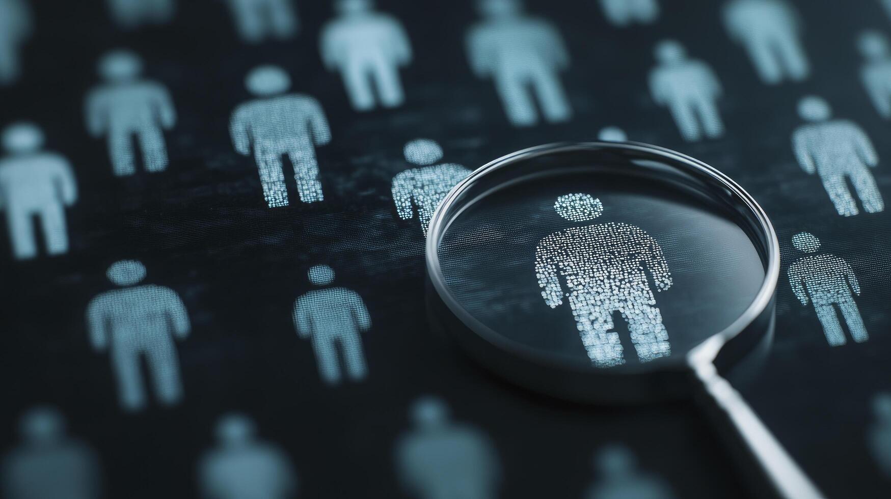 Magnified human icon silhouette under a magnifying glass on a black background with the shadow of many people icons, suggesting a hunting or employee selection concept. photo