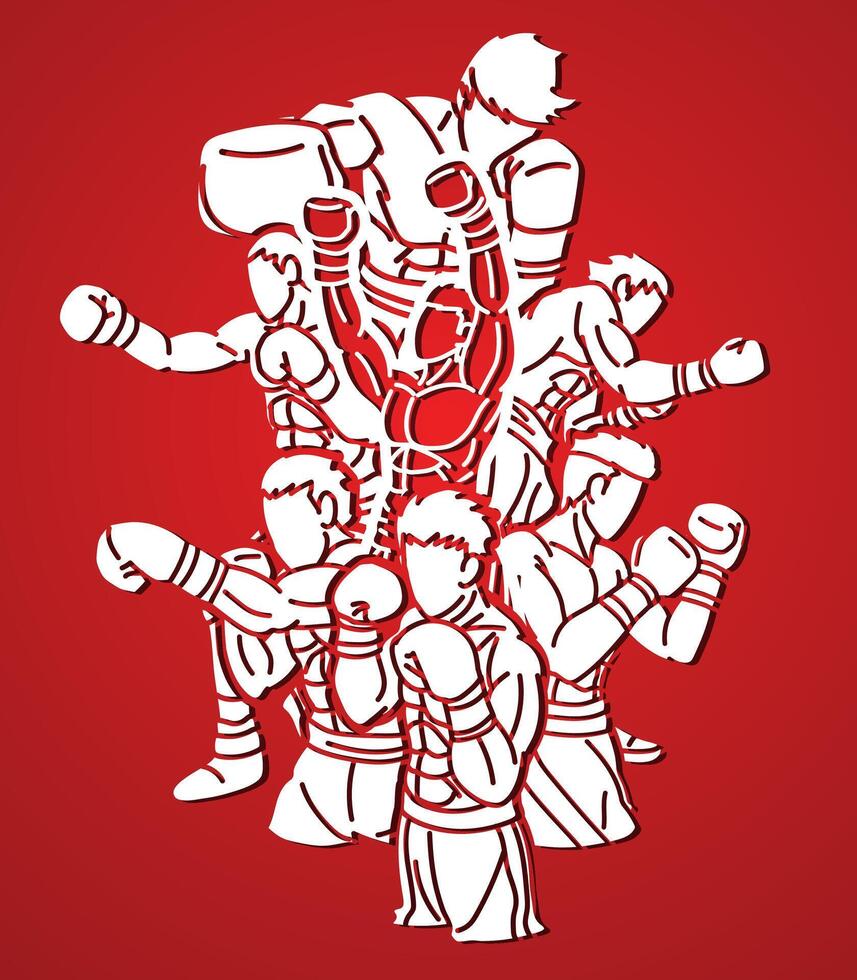 Silhouette Group of Fighter Boxing Sport Mix Action Cartoon Graphic vector