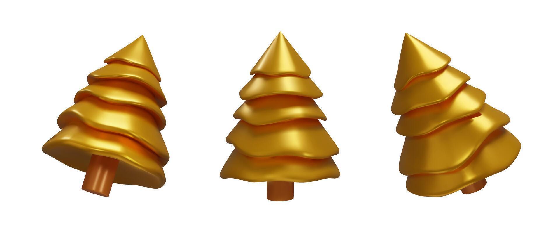 3d render metallic set Christmas tree. Three dimensional illustration. Realistic collection spruce decoration for New Year. Winter gold fir for December element for season holiday. vector