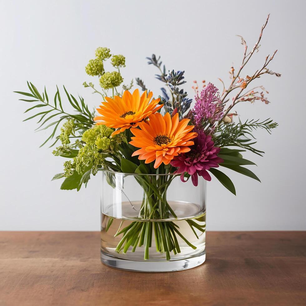cut flower floral design, abstract style, vivid but muted color, low wide container photo