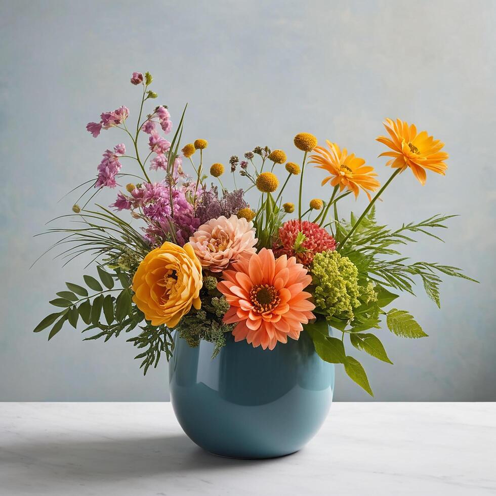 cut flower floral design, abstract style, vivid but muted color, low wide container photo