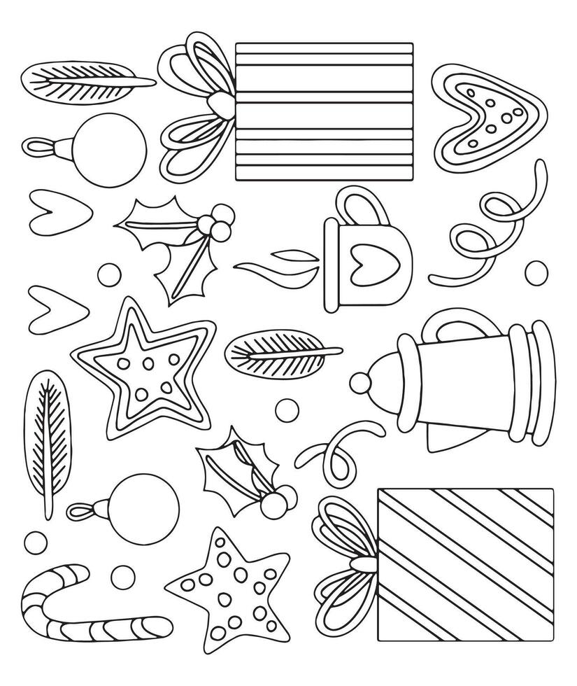 Drawing, set of Christmas elements. Gifts, gingerbread, hot chocolate, candies and fir branches. Coloring book vector