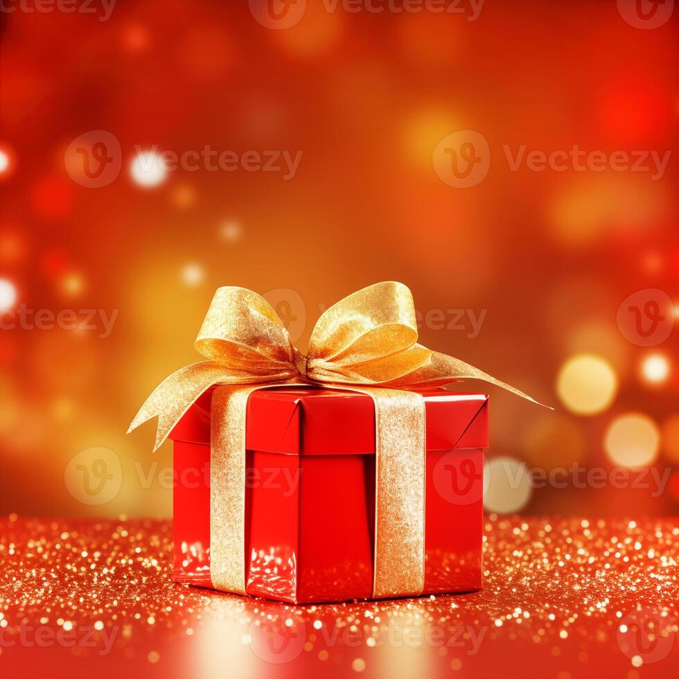 close up gift box in red wrapping paper wrapped with gold glitter ribbon on red tabletop on orange red background with bokeh photo