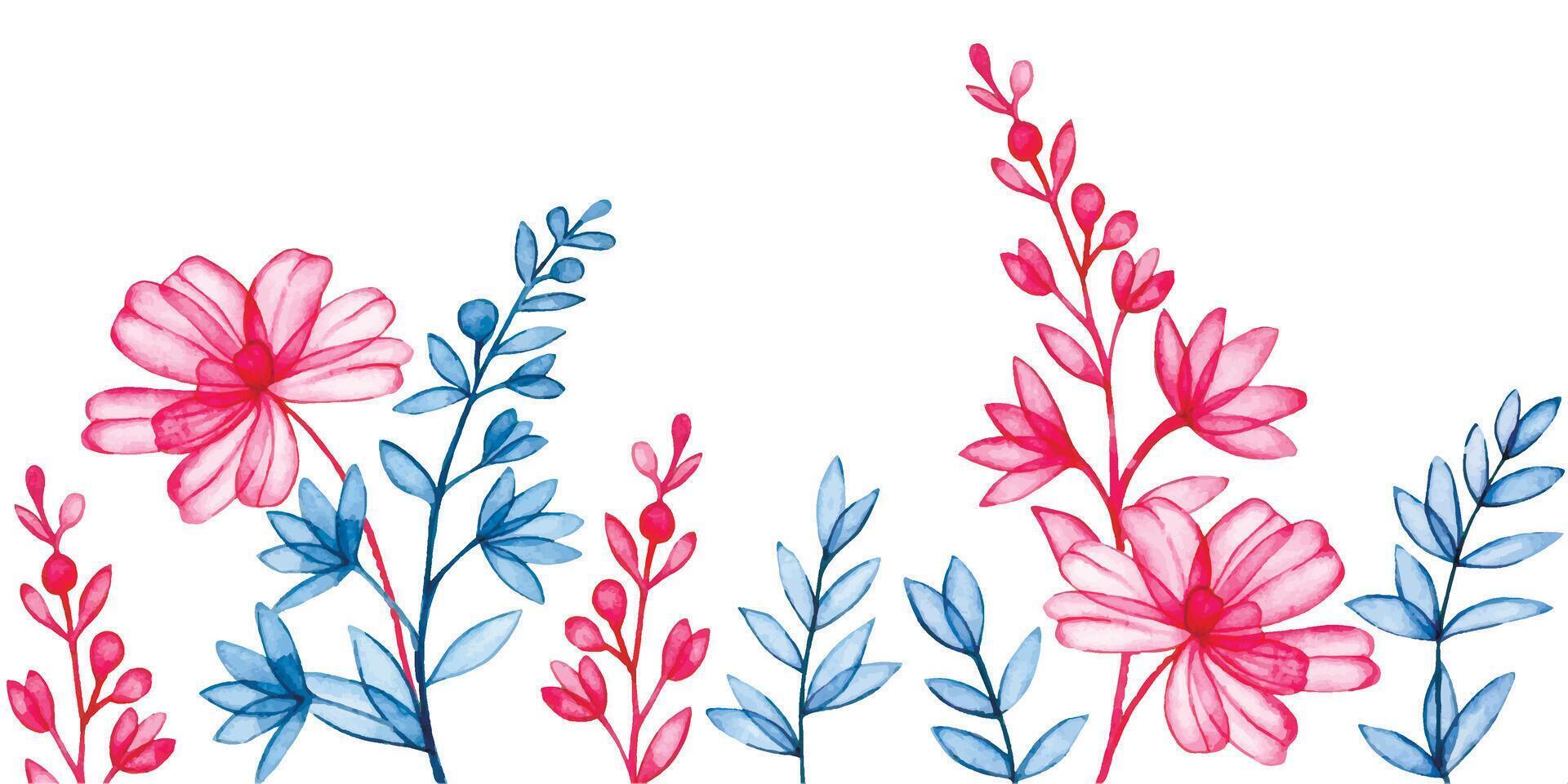watercolor seamless border of transparent wildflowers, x-ray. elegant pink and blue frame vector
