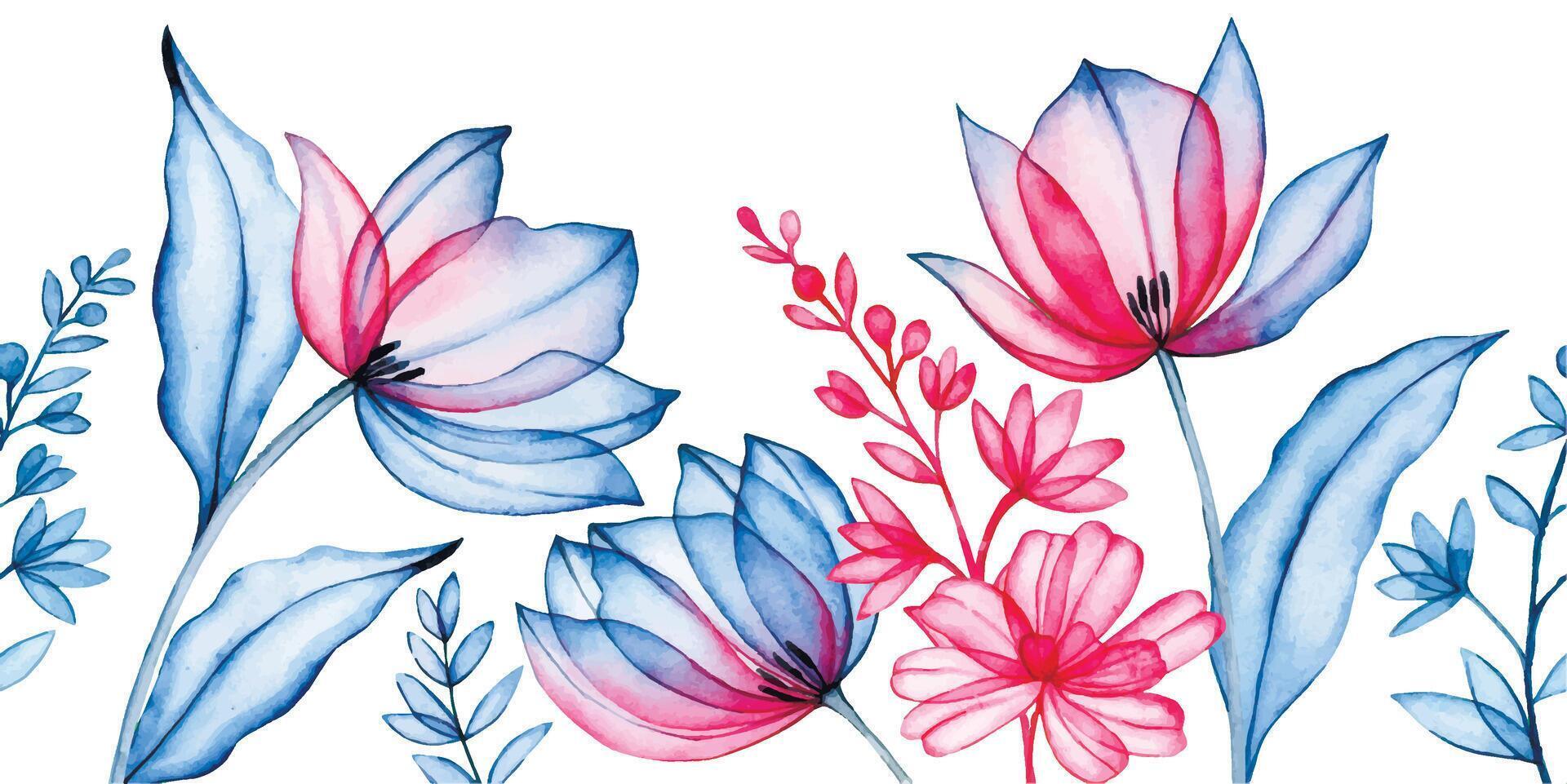 watercolor seamless border of transparent tulips and wildflowers, x-ray. elegant pink and blue frame vector