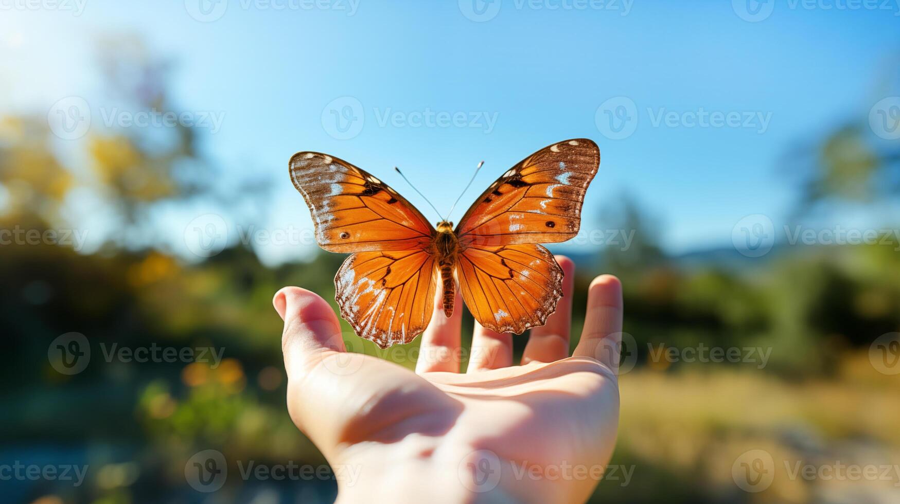 beautiful orange butterfly fluttering over outstretched hand, human eye level view photo