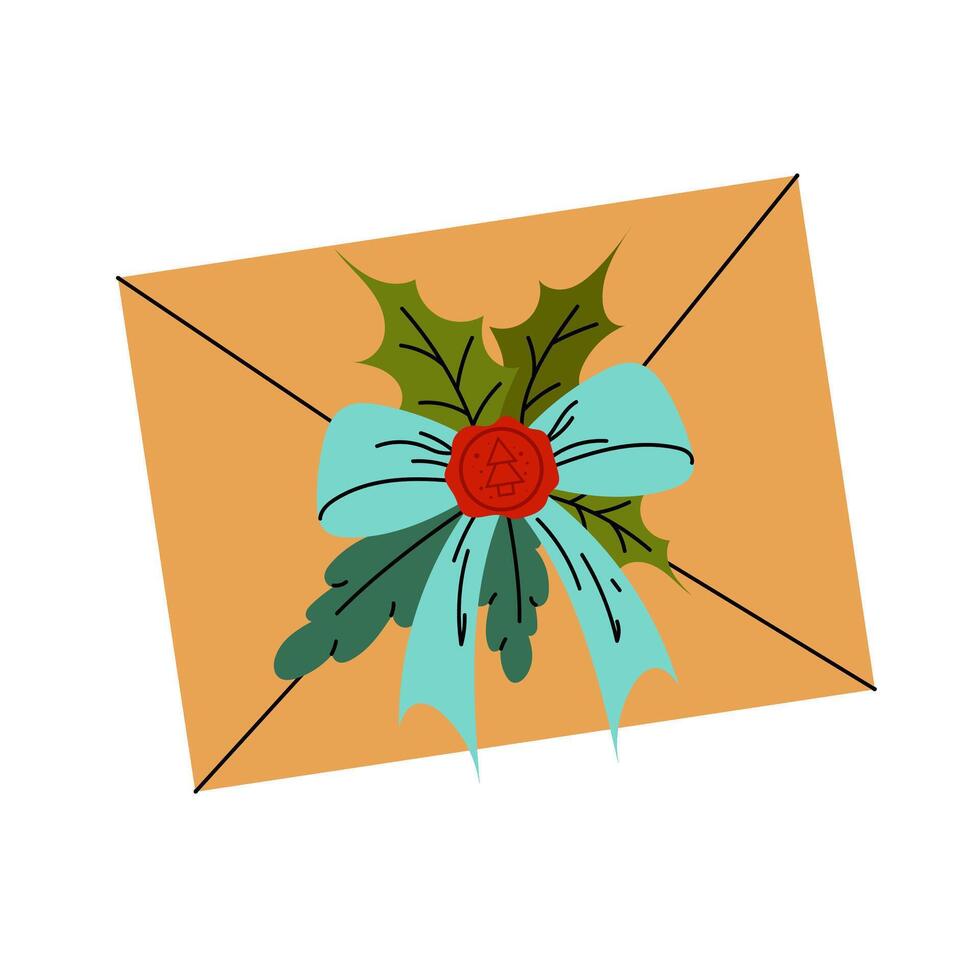 Paper envelope with bow, wax seal and winter plant leaves. Winter festive decor. Flat illustration on white background. vector